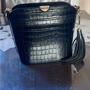 Michael Kors Black Croc-Embossed Shoulder Bag with Tassel